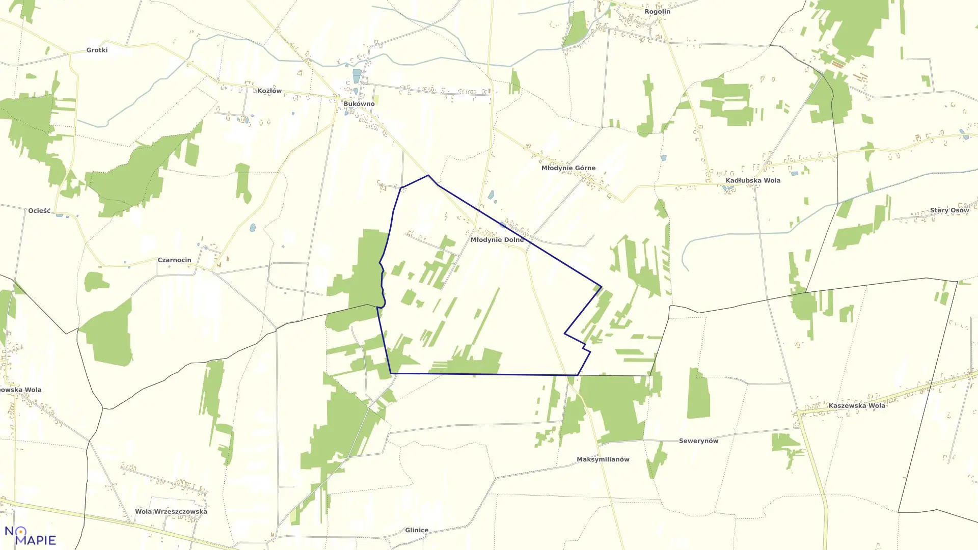 Mapa obrębu MŁODYNIE DOLNE w gminie Radzanów
