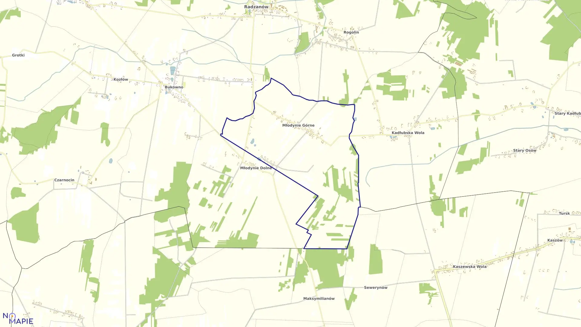 Mapa obrębu MŁODYNIE GÓRNE w gminie Radzanów